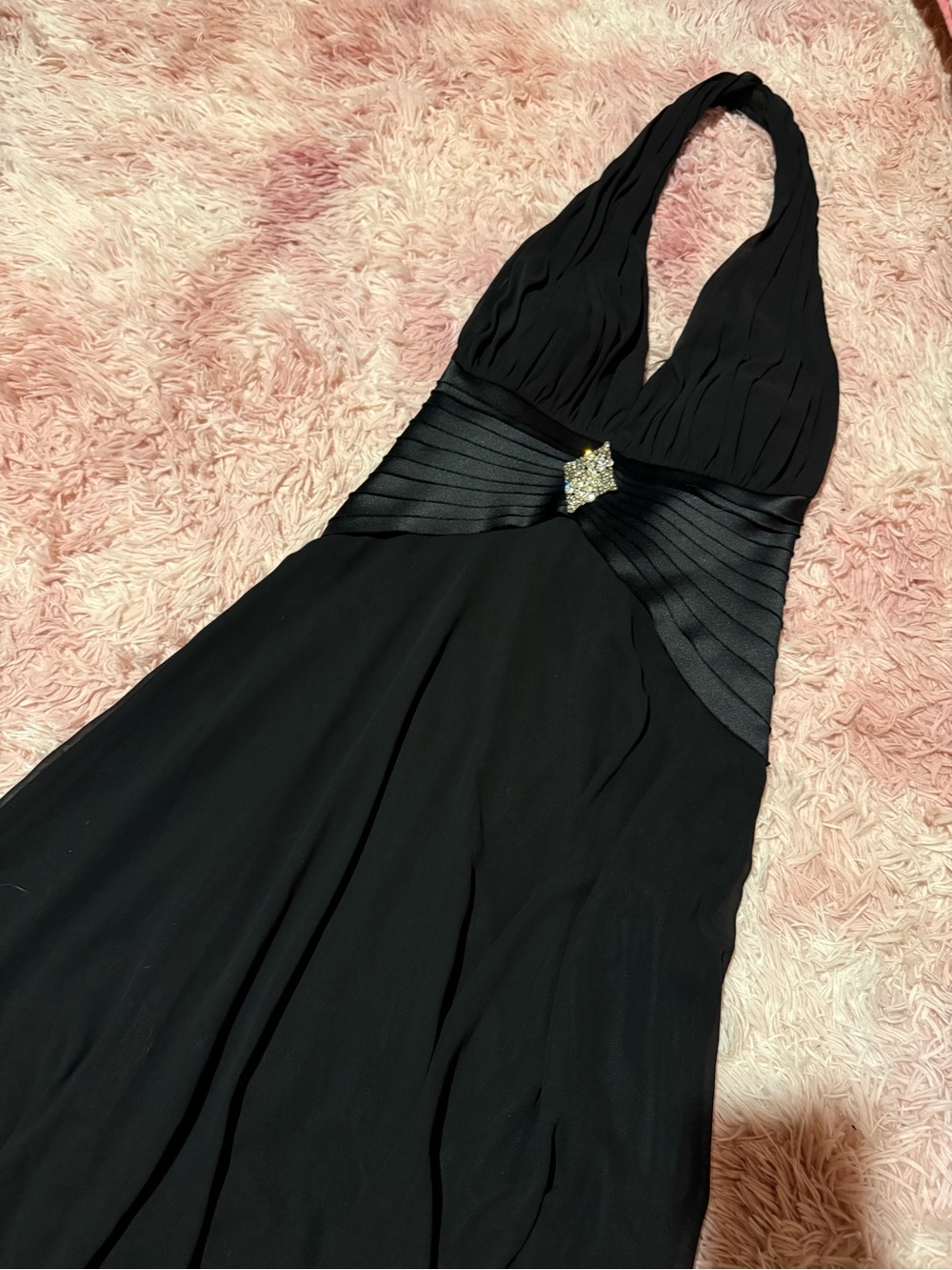 y2k 2000s Black Halter Gown with Rhinestone Waist Accent